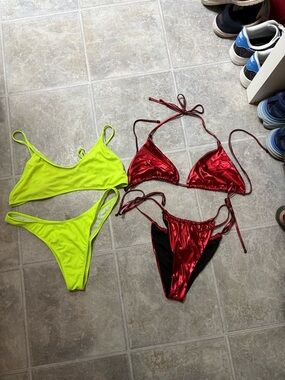 NEVER WORN.  Neon Yellow & Metallic Red Bikini Set - Two Piece Swimwear